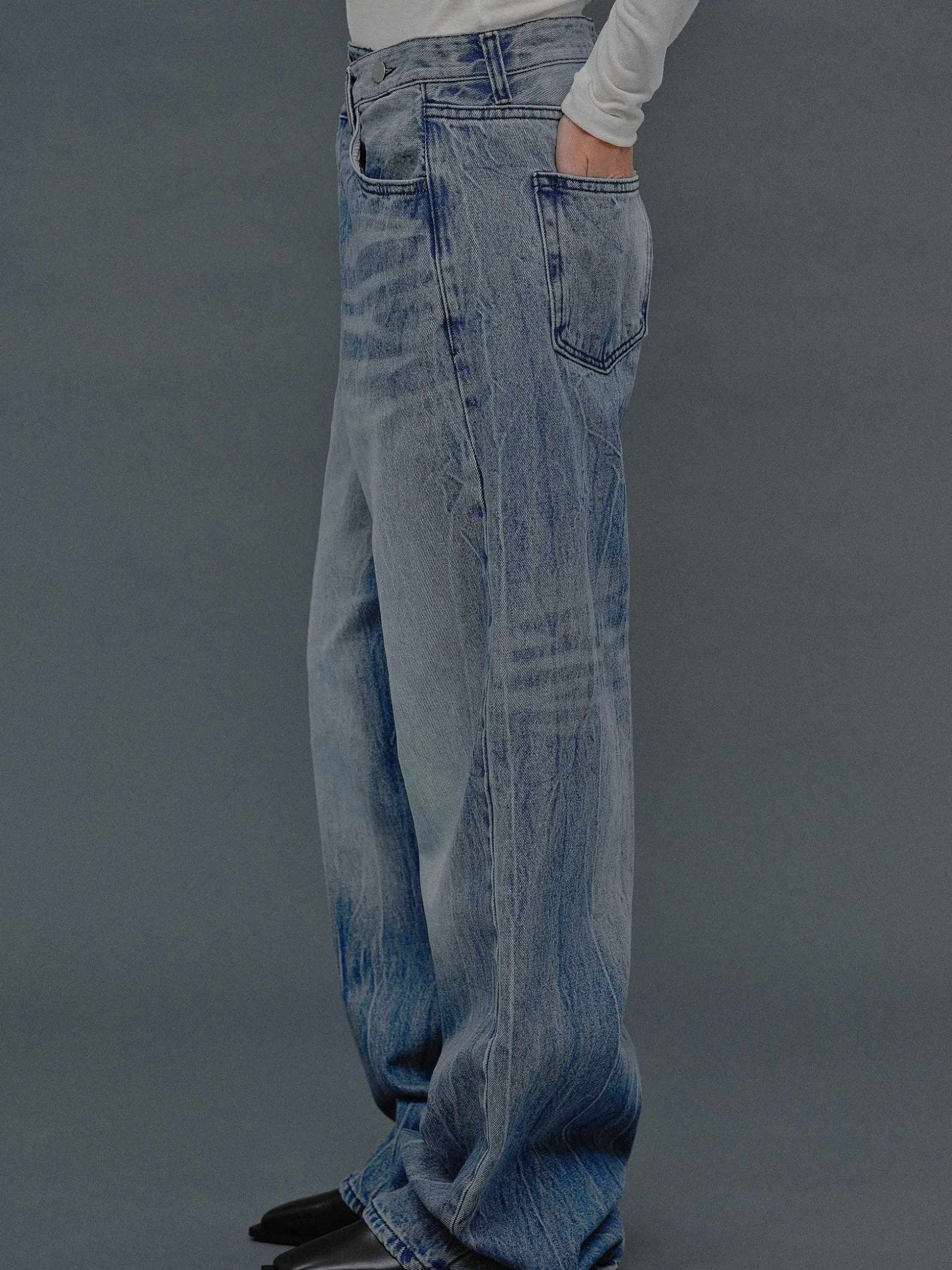 Women Source Unknown Clothing-Deconstructed Crossover Jeans, Medium Blue