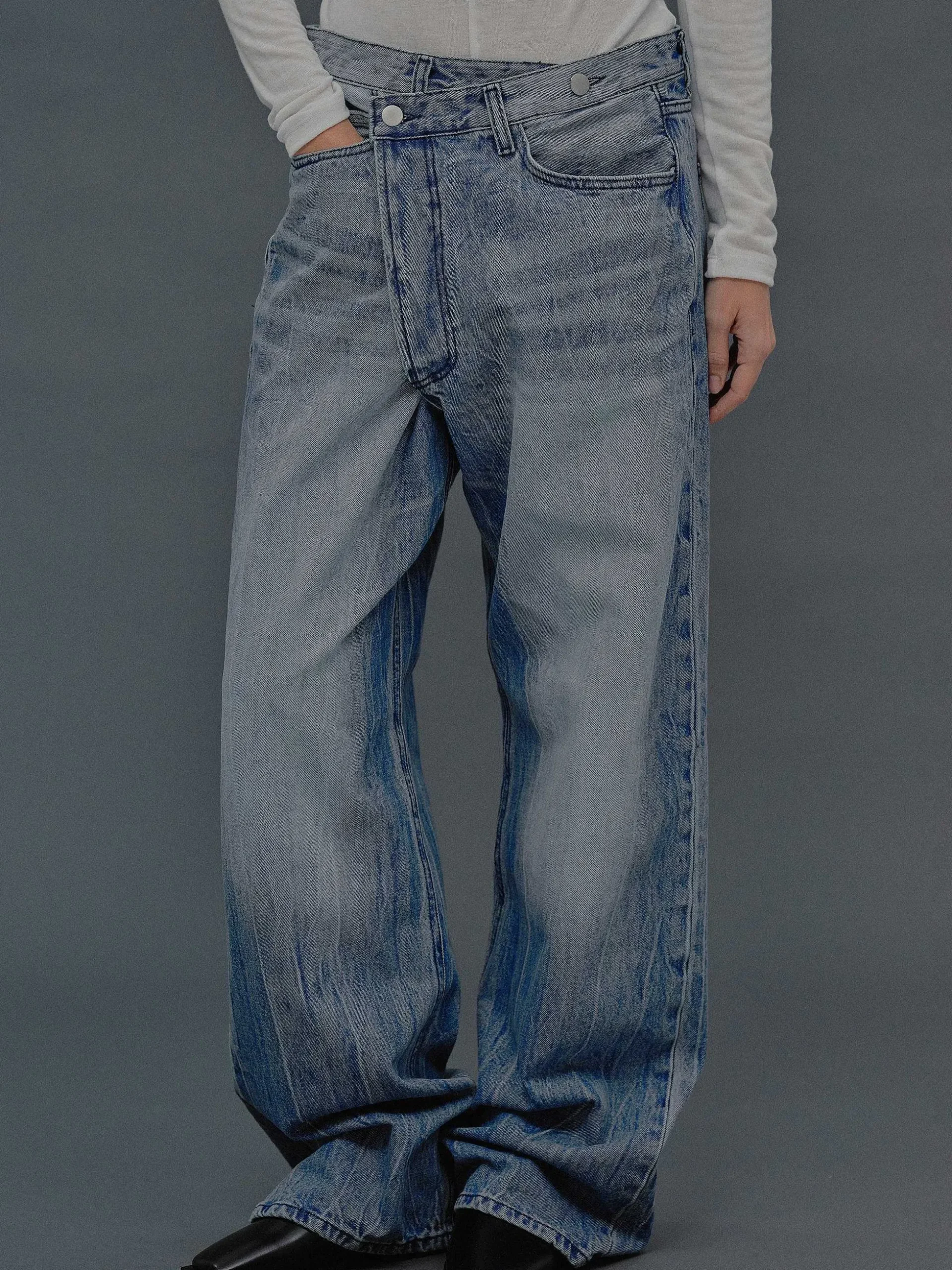 Women Source Unknown Clothing-Deconstructed Crossover Jeans, Medium Blue