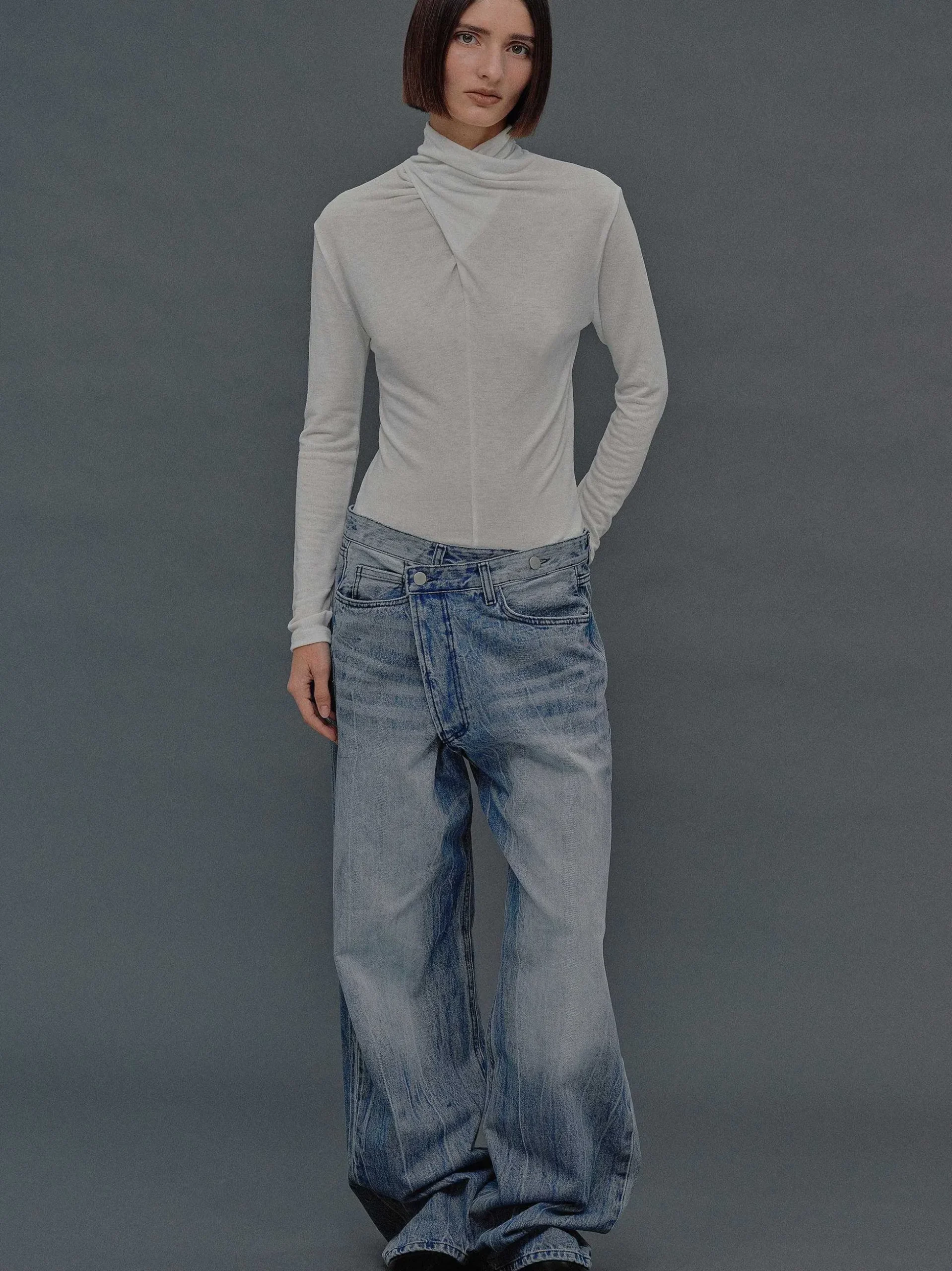 Women Source Unknown Clothing-Deconstructed Crossover Jeans, Medium Blue