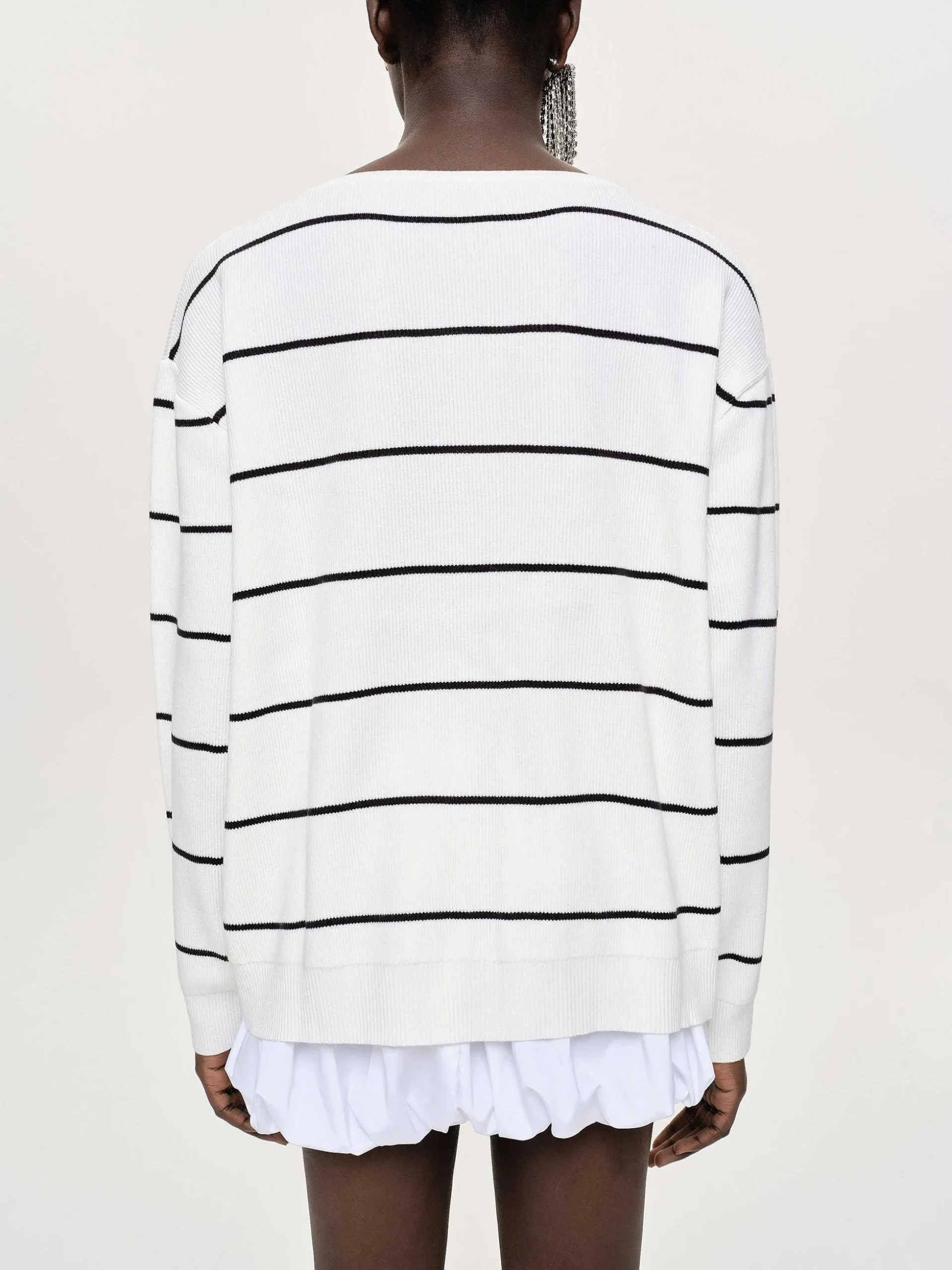 Women Source Unknown Knitwear-Deep V-Neck Sweater, White Stripe