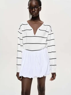 Women Source Unknown Clothing-Deep V-Neck Sweater, White Stripe