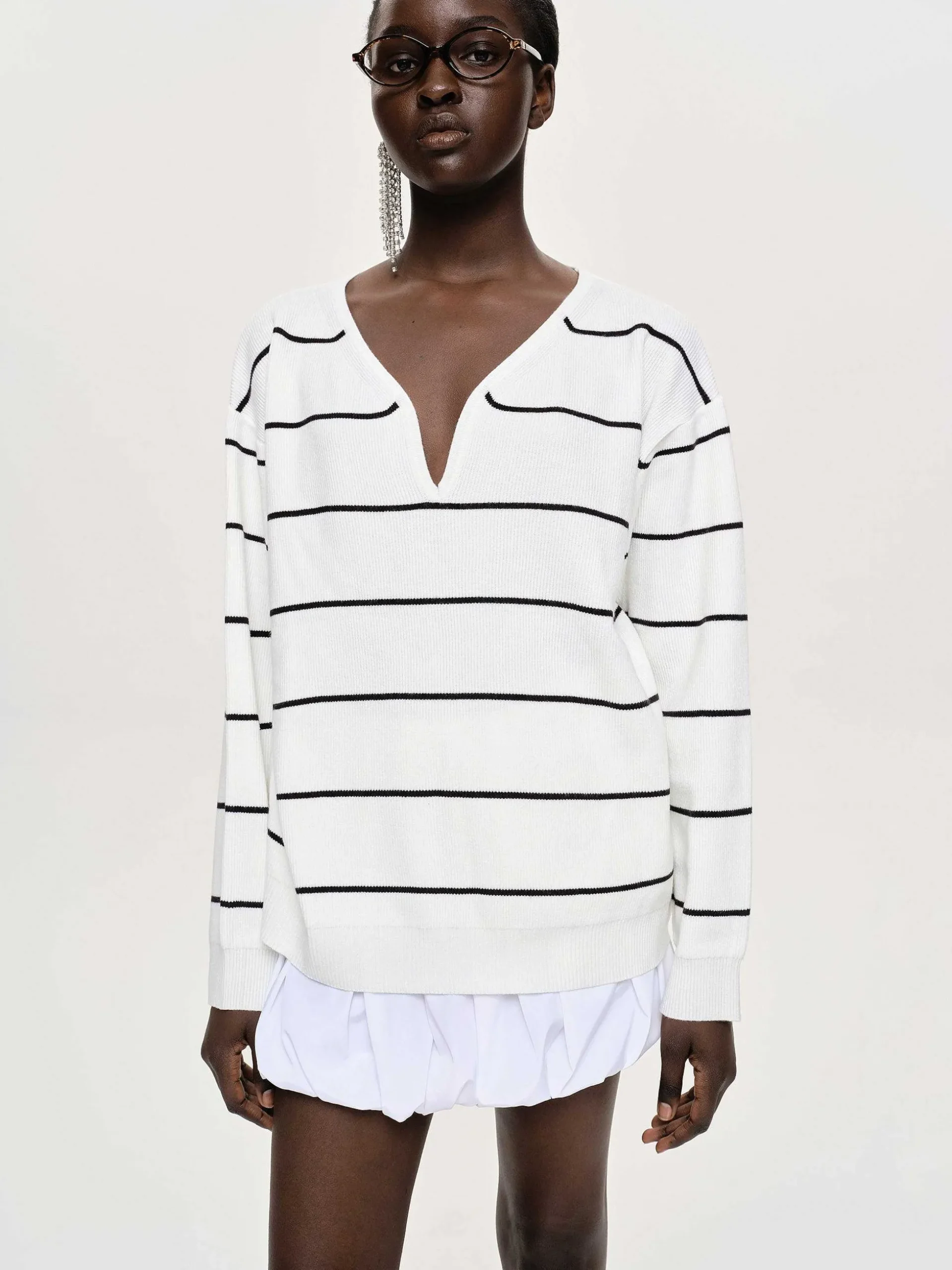 Women Source Unknown Clothing-Deep V-Neck Sweater, White Stripe