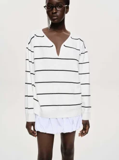 Women Source Unknown Clothing-Deep V-Neck Sweater, White Stripe