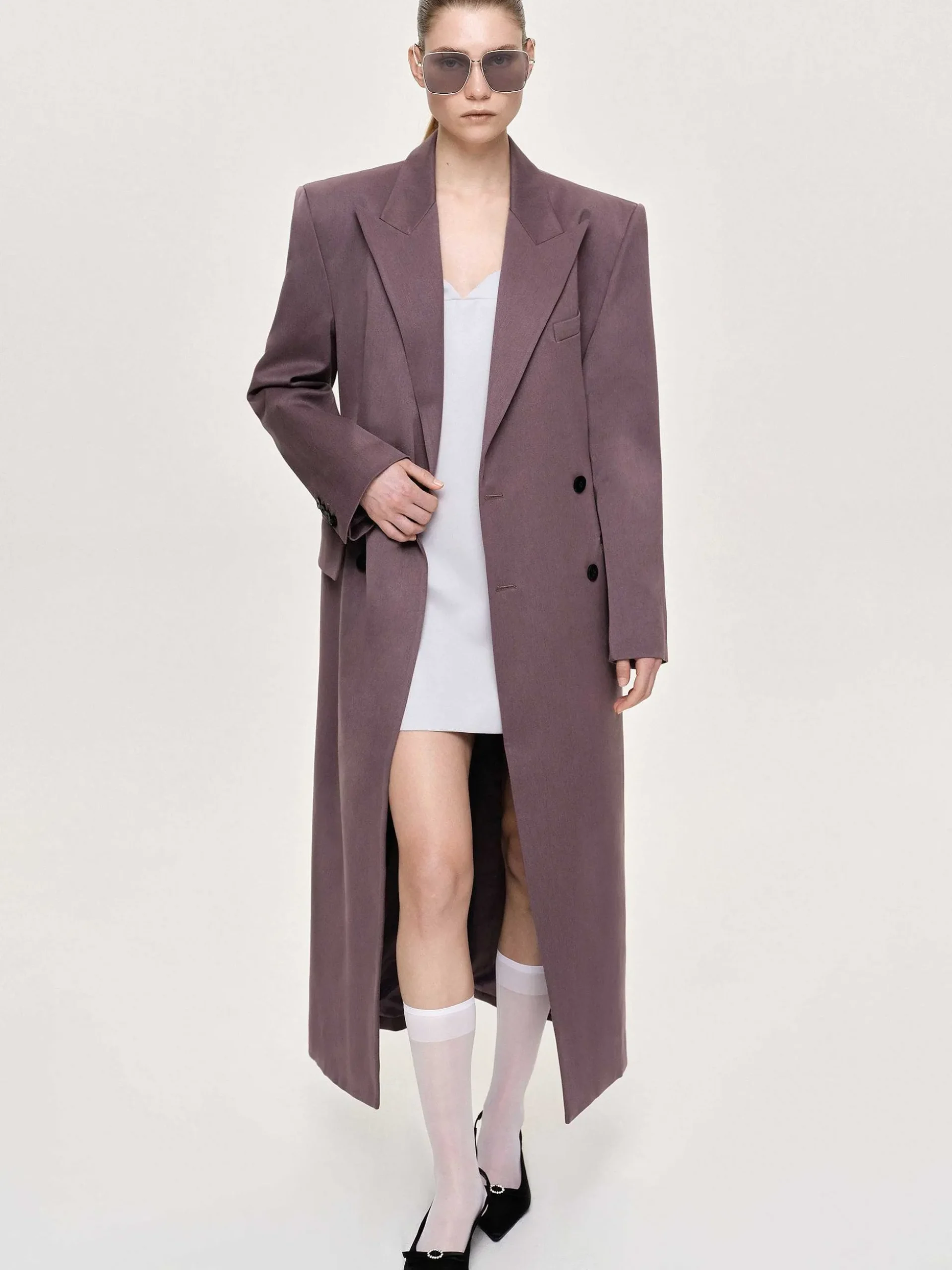 Women Source Unknown Clothing-Delphina Long Hourglass Coat, Mauve Grey