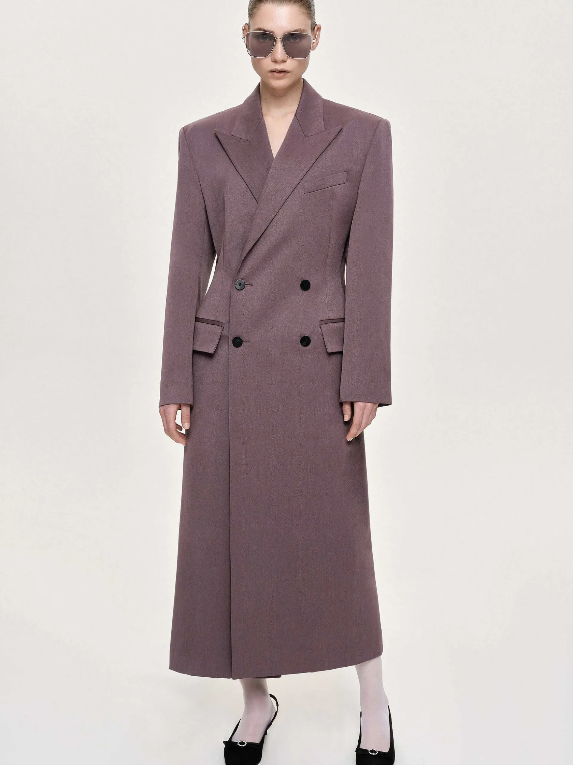 Women Source Unknown Clothing-Delphina Long Hourglass Coat, Mauve Grey