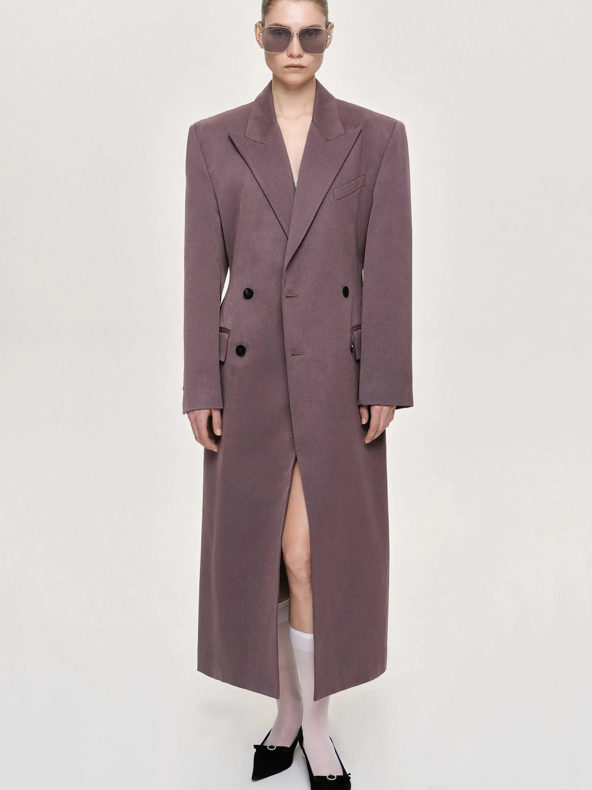 Women Source Unknown Outerwear-Delphina Long Hourglass Coat, Mauve Grey