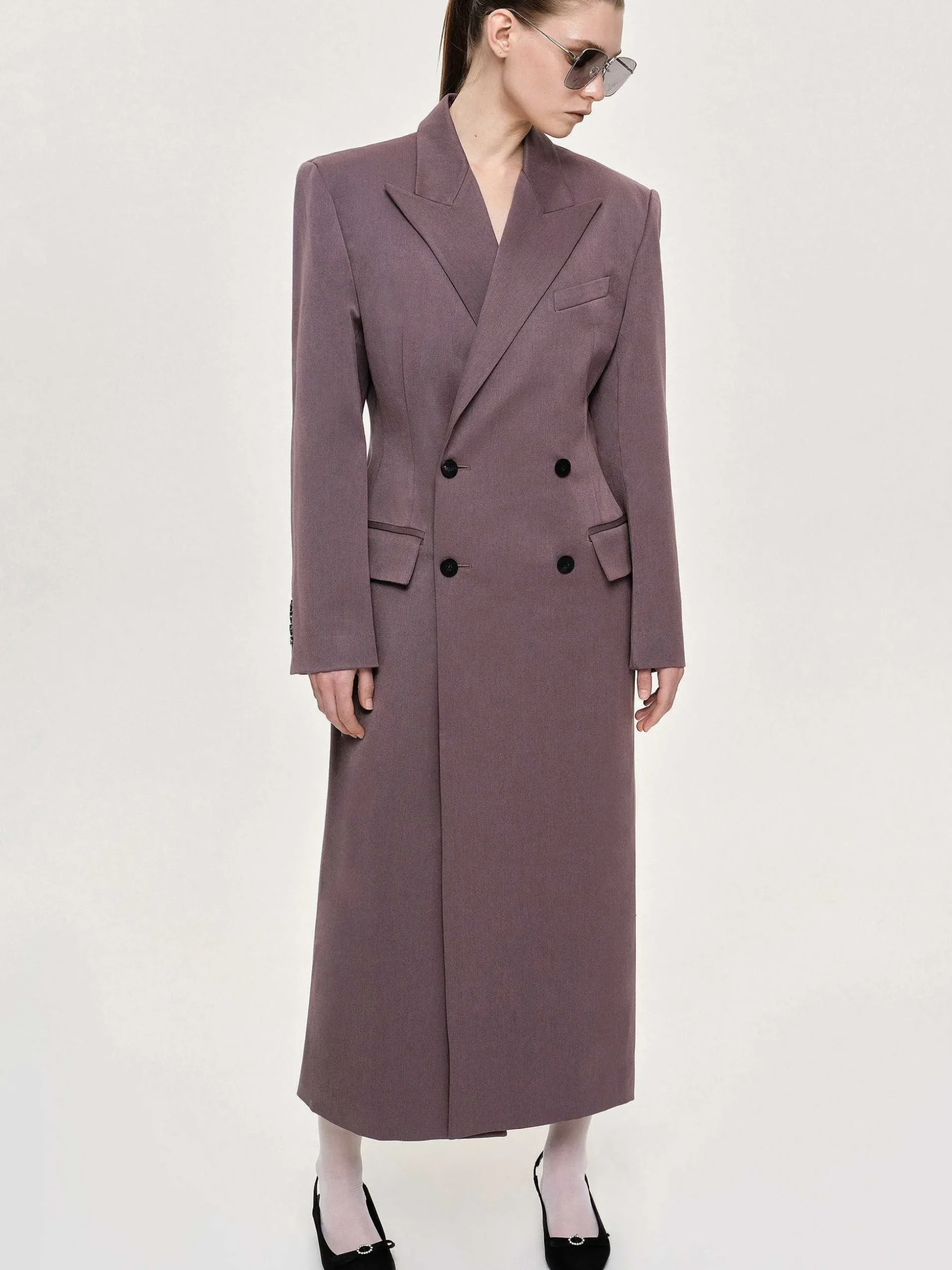 Women Source Unknown Outerwear-Delphina Long Hourglass Coat, Mauve Grey