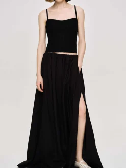 Women Source Unknown Bottoms-Dhanila Floor-Length Linen Skirt, Black