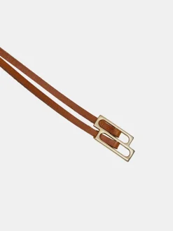 Women Source Unknown Clothing-Double Thin Leather Belt, Tan