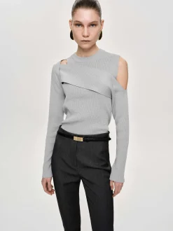 Women Source Unknown Knitwear-Draped Cut-Out Knit, Taupe Gray