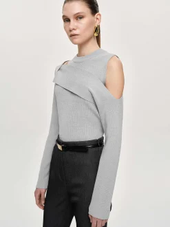 Women Source Unknown Knitwear-Draped Cut-Out Knit, Taupe Gray