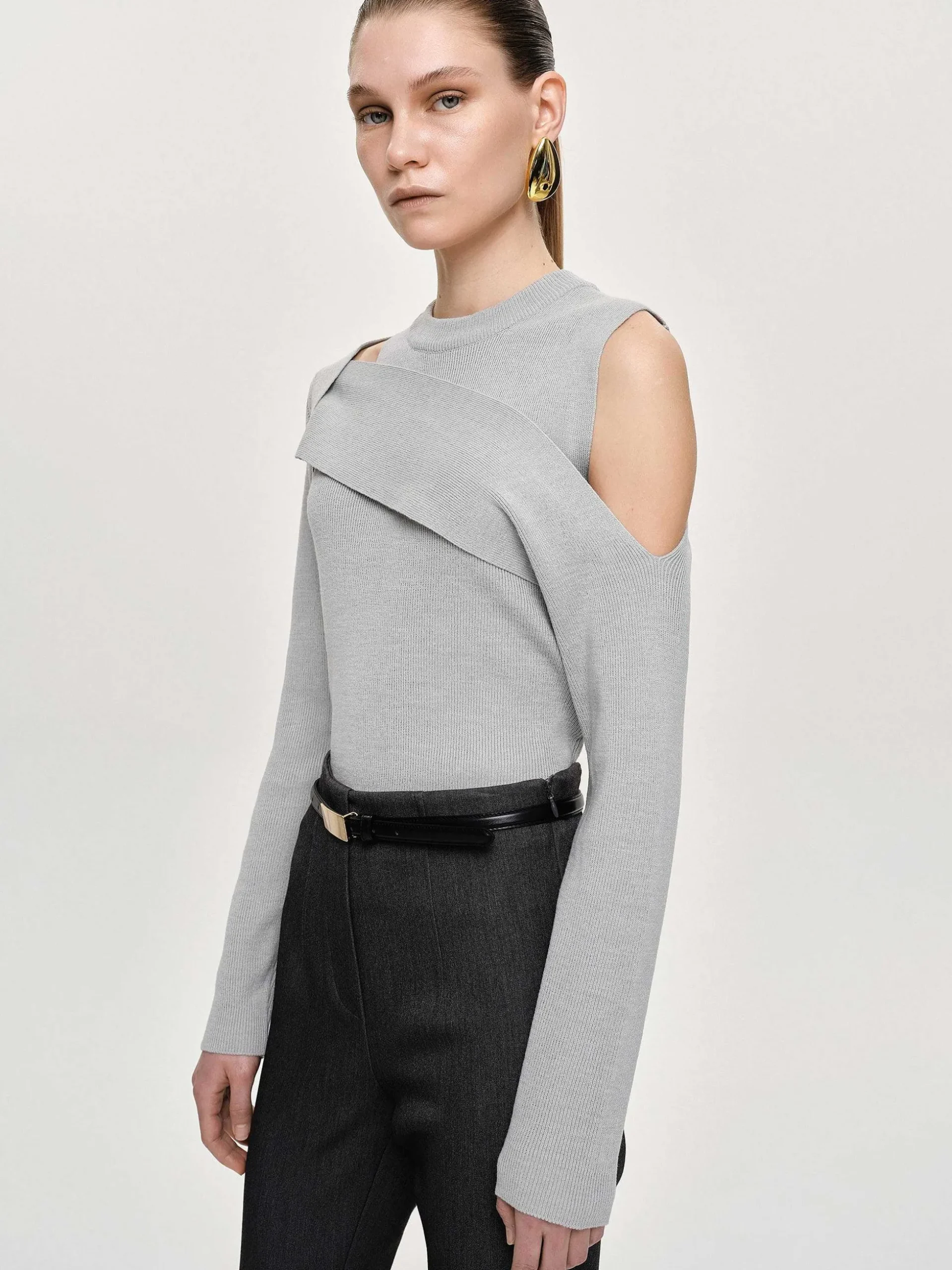 Women Source Unknown Knitwear-Draped Cut-Out Knit, Taupe Gray