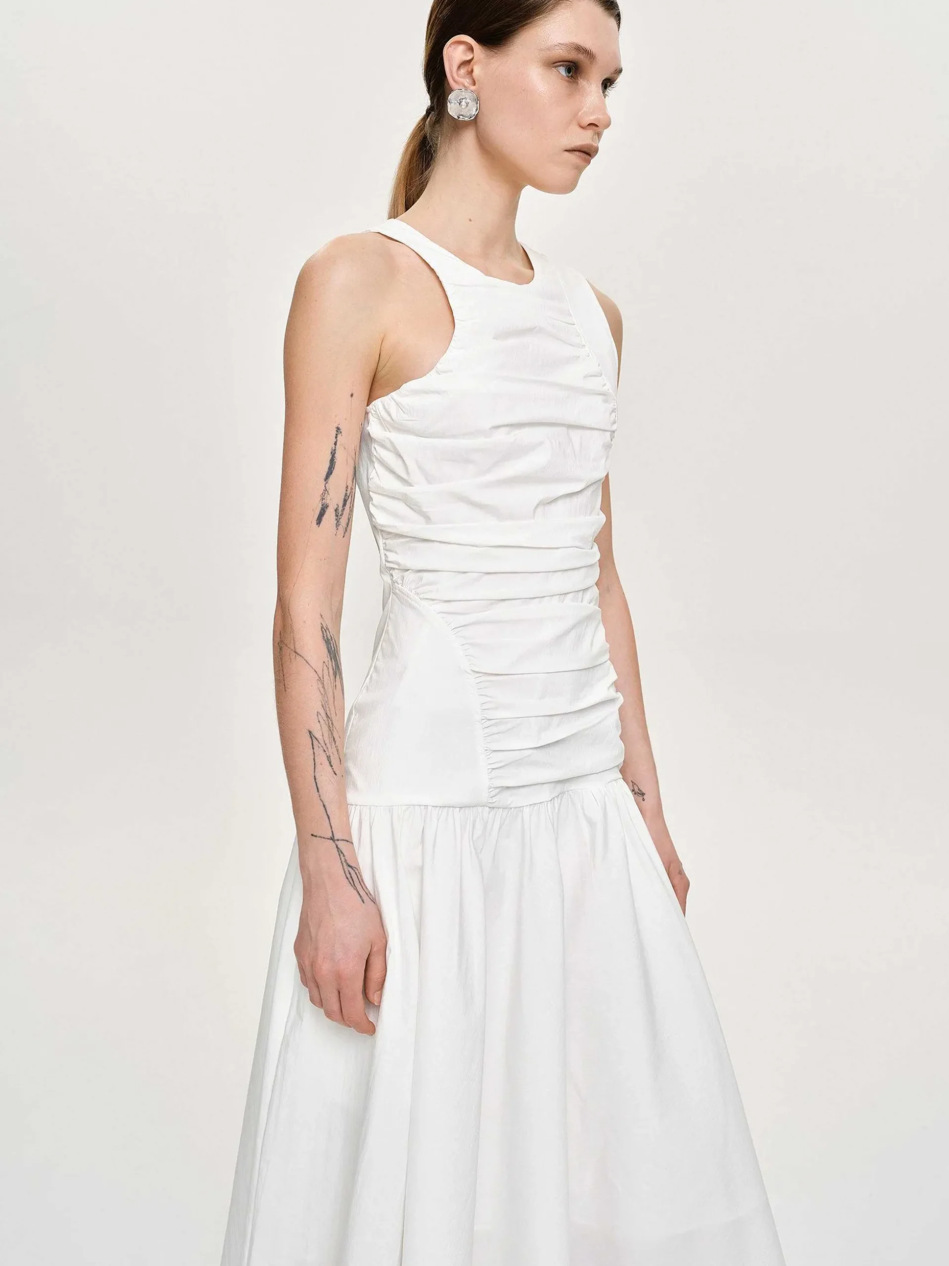 Women Source Unknown Accessories-Drop Waist Ruched Dress, Off White