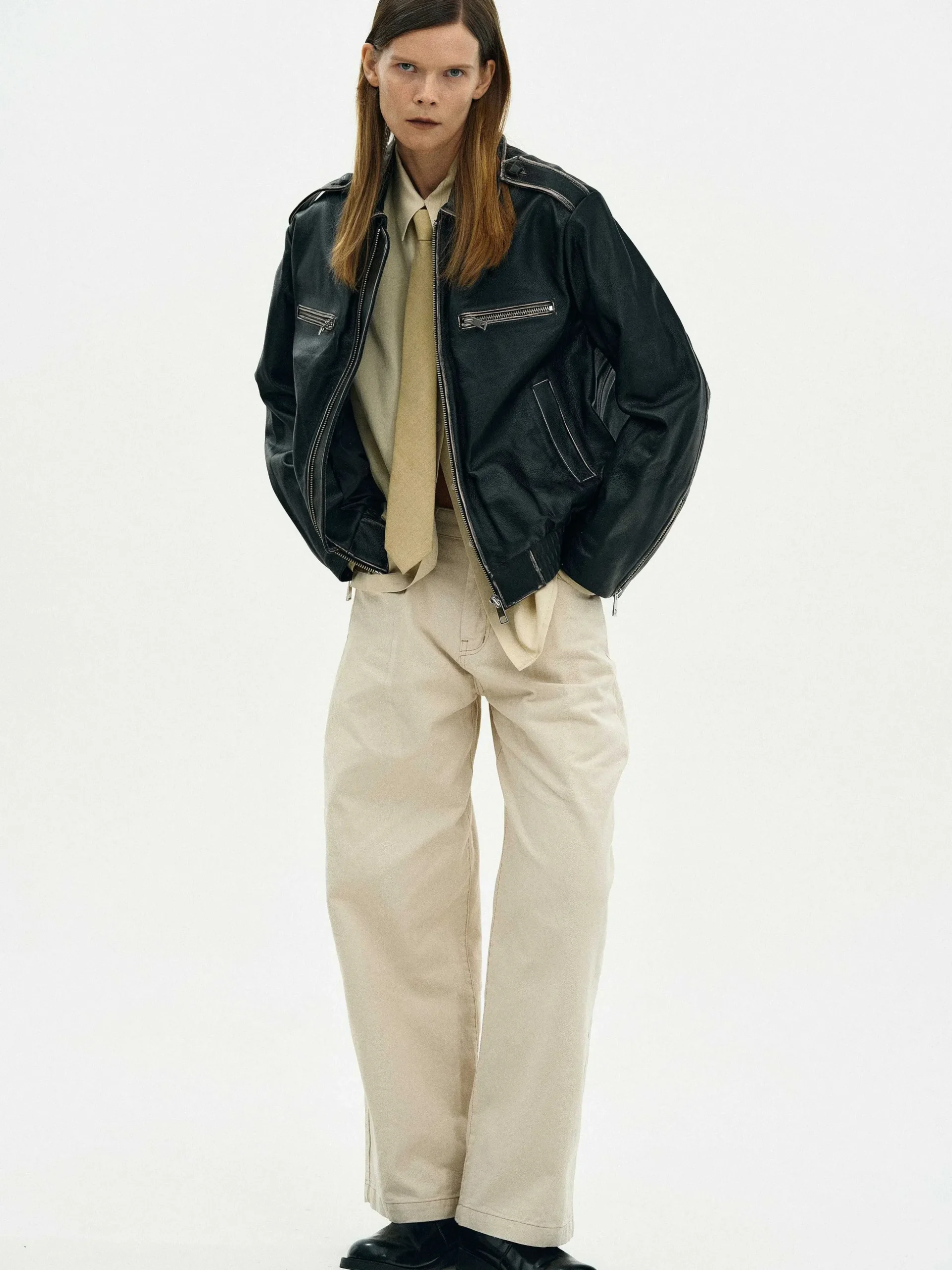 Women Source Unknown Clothing-Faded Leather Jacket,