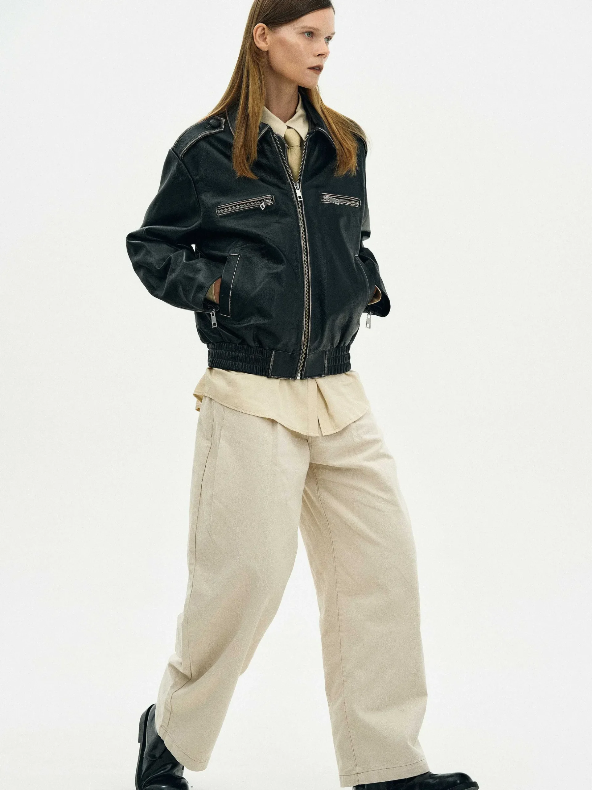 Women Source Unknown Clothing-Faded Leather Jacket,