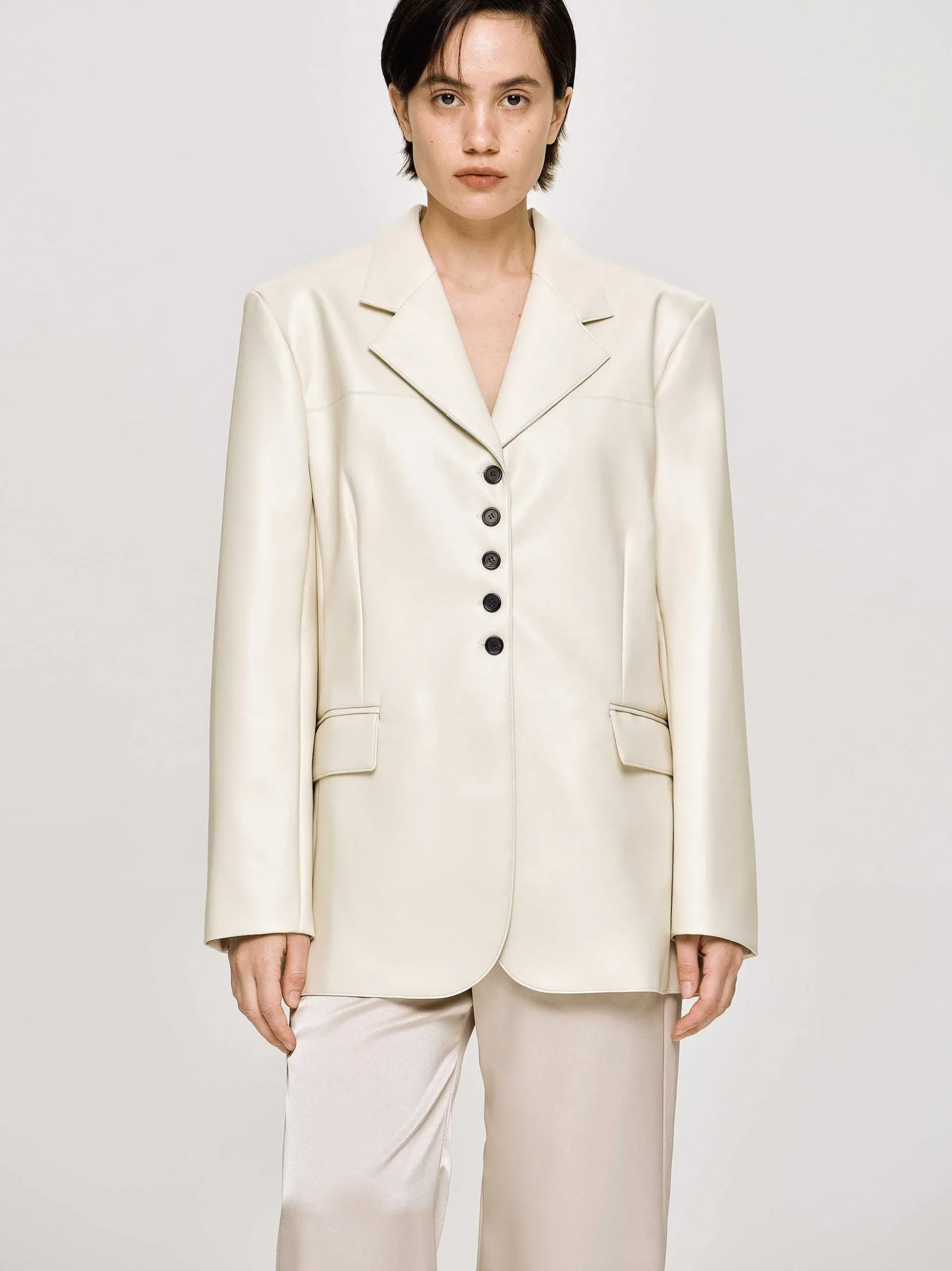 Women Source Unknown Clothing-Faux Leather Button Jacket, Warm Beige