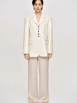 Women Source Unknown Clothing-Faux Leather Button Jacket, Warm Beige
