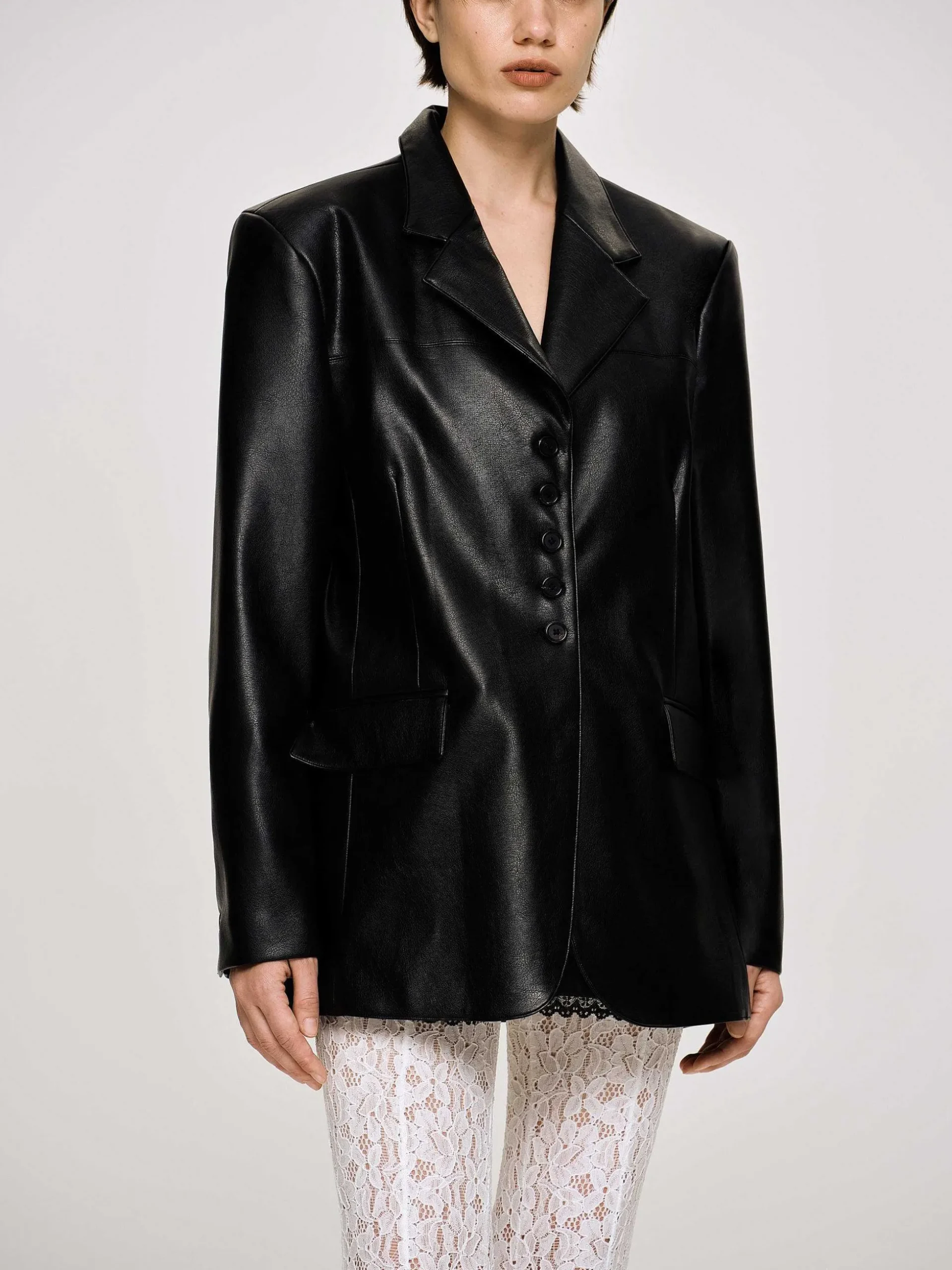Women Source Unknown Clothing-Faux Leather Button Jacket, Black