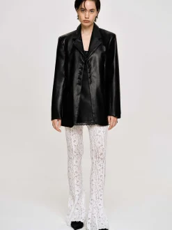 Women Source Unknown Clothing-Faux Leather Button Jacket, Black