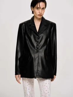 Women Source Unknown Clothing-Faux Leather Button Jacket, Black