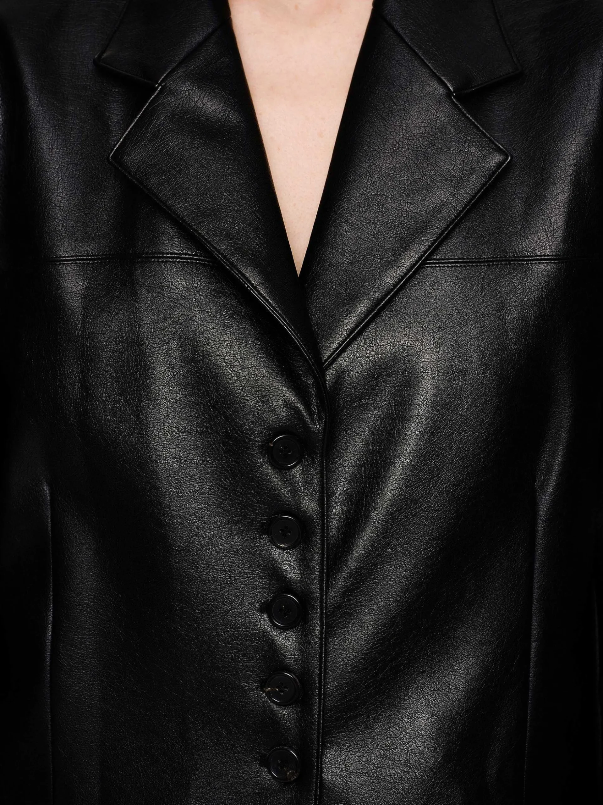 Women Source Unknown Clothing-Faux Leather Button Jacket, Black