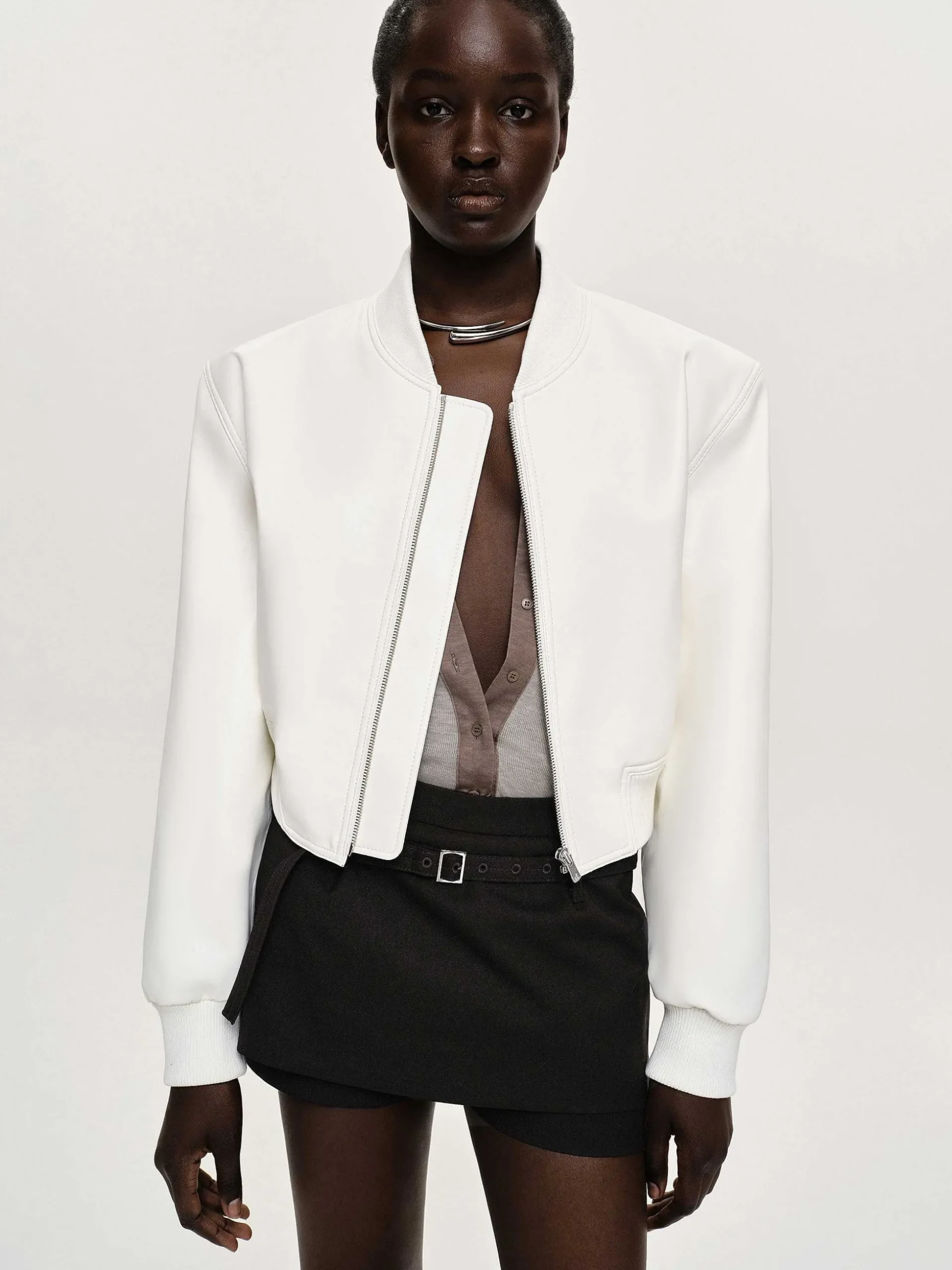 Women Source Unknown Clothing-Faux-Leather Bomber Jacket, White