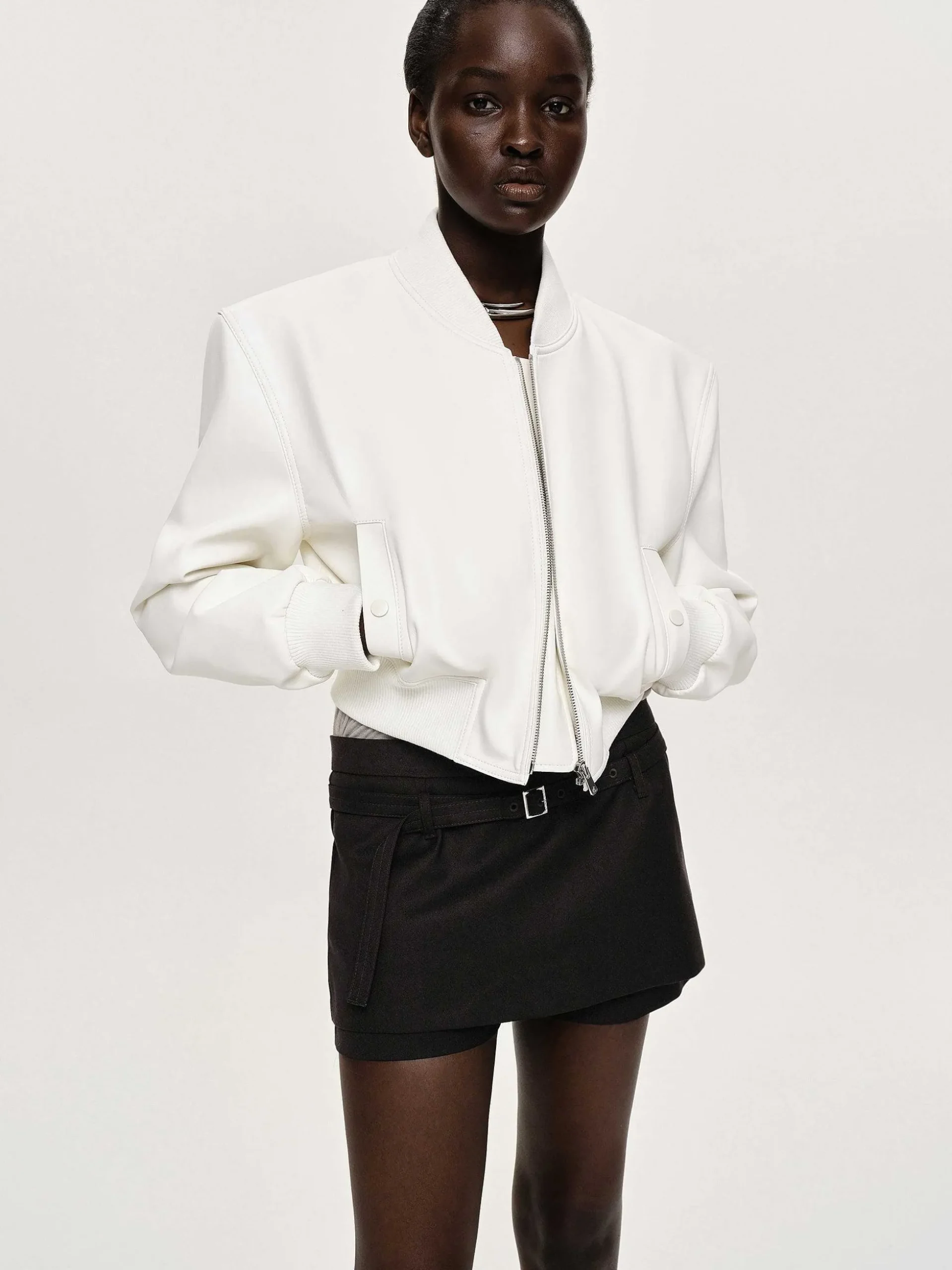 Women Source Unknown Clothing-Faux-Leather Bomber Jacket, White