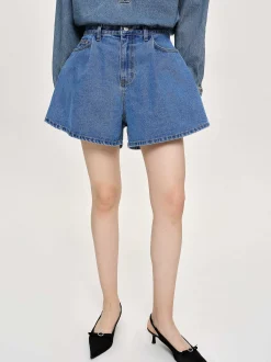 Women Source Unknown Clothing-Flared Denim Shorts, Medium Blue