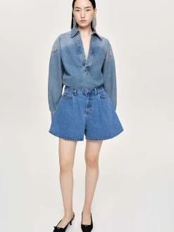 Women Source Unknown Clothing-Flared Denim Shorts, Medium Blue