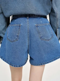 Women Source Unknown Denim-Flared Denim Shorts, Medium Blue