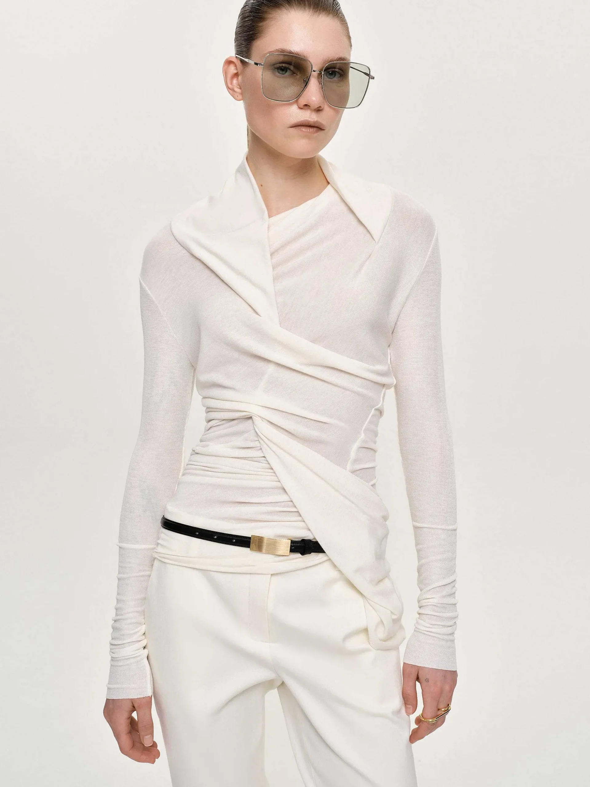 Women Source Unknown Clothing-Folgore Asymmetric Drape Top, Ivory