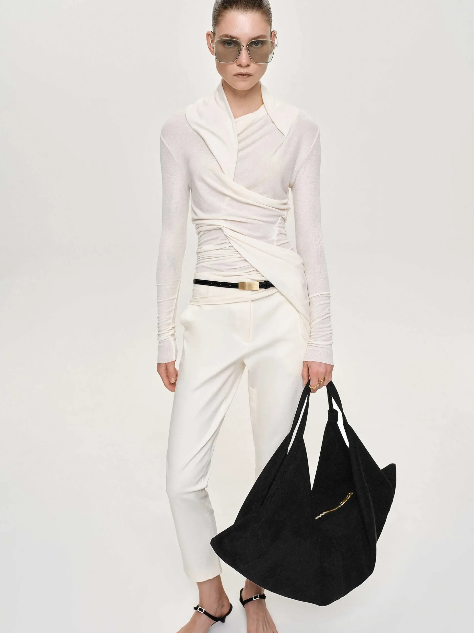 Women Source Unknown Clothing-Folgore Asymmetric Drape Top, Ivory