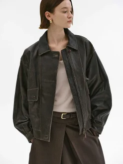 Women Source Unknown Accessories-Geva Faded Lambskin Bomber Jacket, Brown