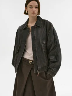 Women Source Unknown Accessories-Geva Faded Lambskin Bomber Jacket, Brown