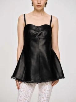 Women Source Unknown Clothing-Lambskin Bustier Leather Top, Black