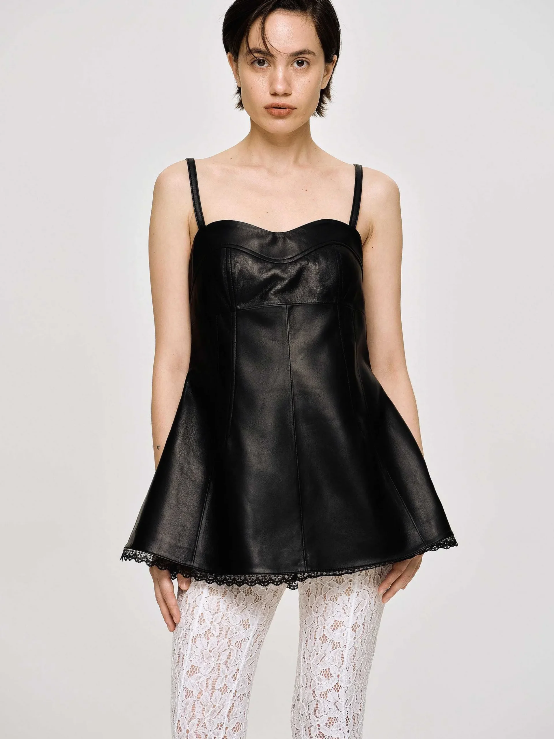 Women Source Unknown Tops-Lambskin Bustier Leather Top, Black