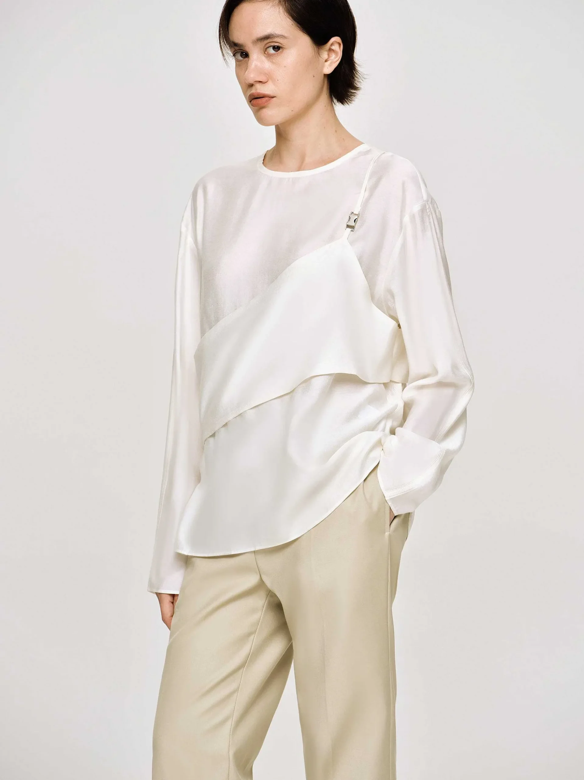 Women Source Unknown Tops-Layered Bustier Blouse, Ivory