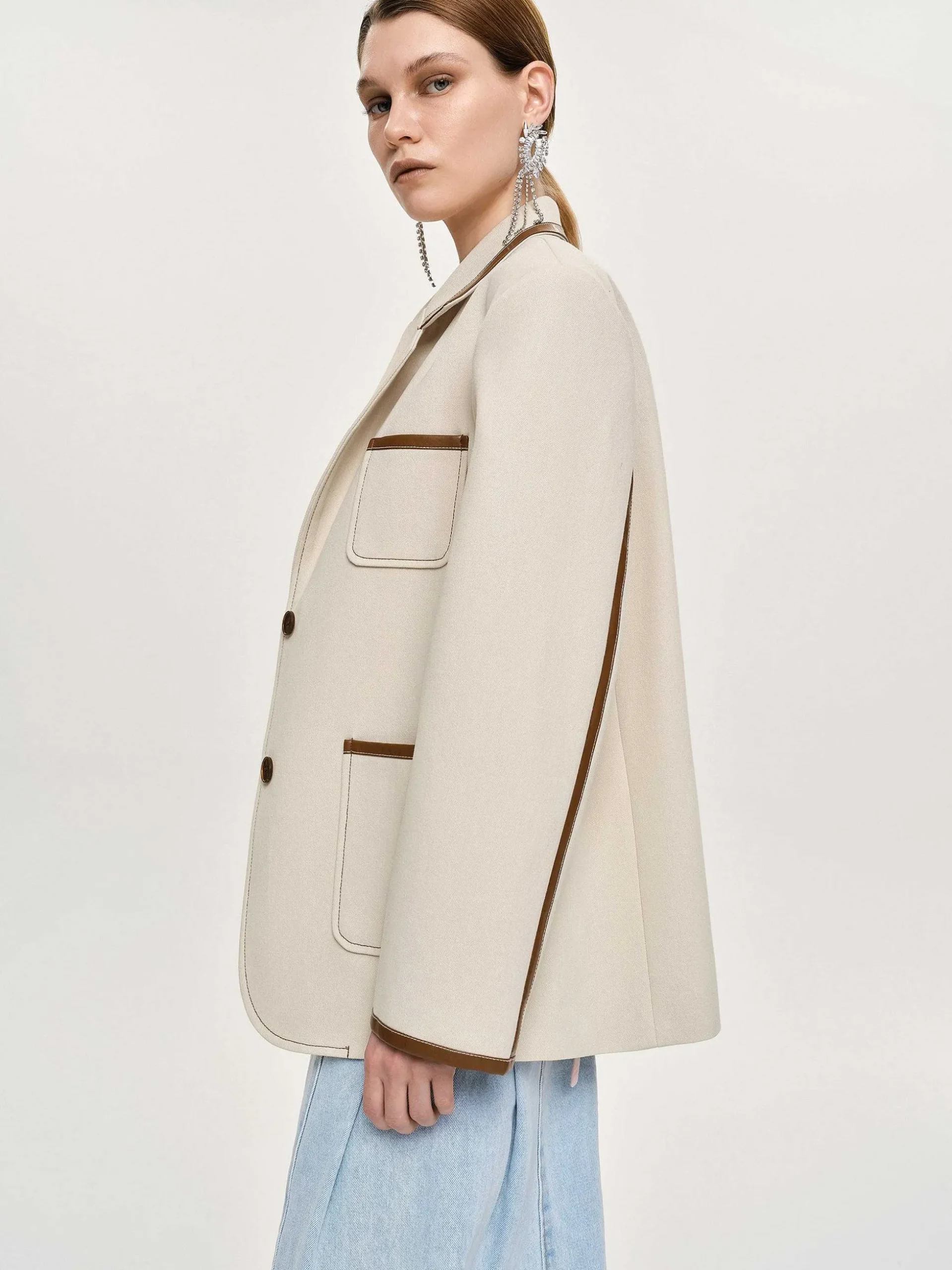 Women Source Unknown Outerwear-Leather-Trimmed Blazer, Canvas
