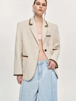 Women Source Unknown Outerwear-Leather-Trimmed Blazer, Canvas
