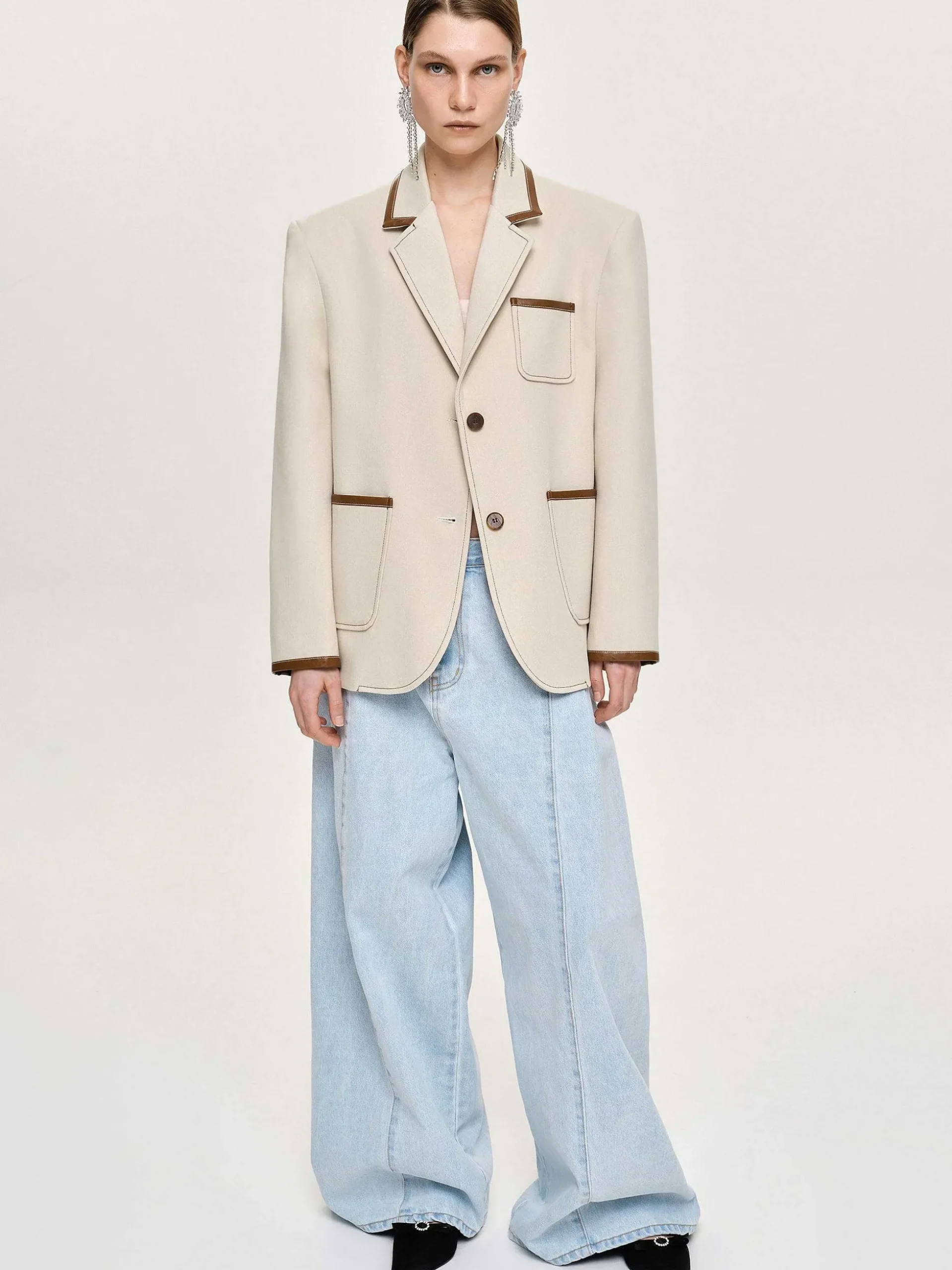 Women Source Unknown Co-Ords-Leather-Trimmed Blazer, Canvas