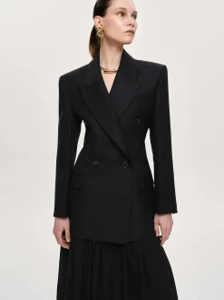 Women Source Unknown Outerwear-Leonara Double Breasted Cinch Blazer, Black