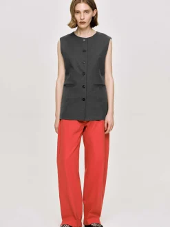 Women Source Unknown Tops-Long Button Vest, Charcoal Melange