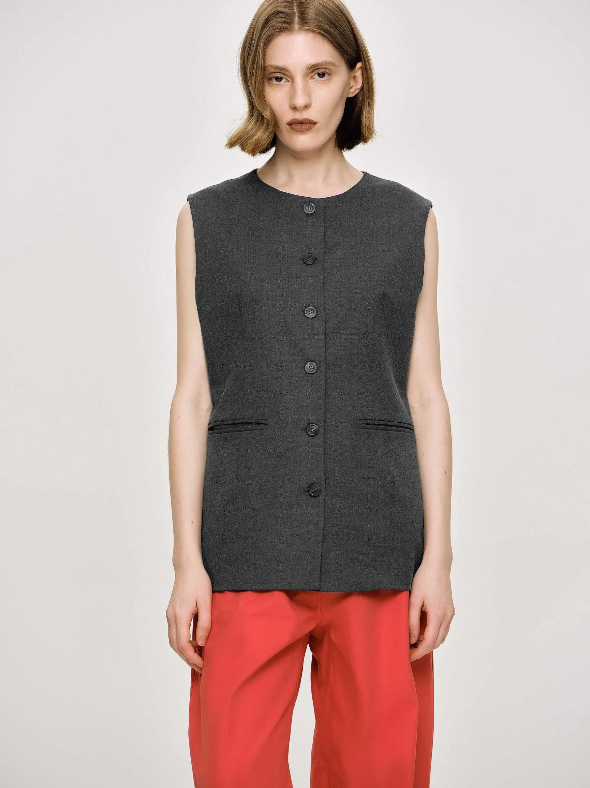 Women Source Unknown Tops-Long Button Vest, Charcoal Melange