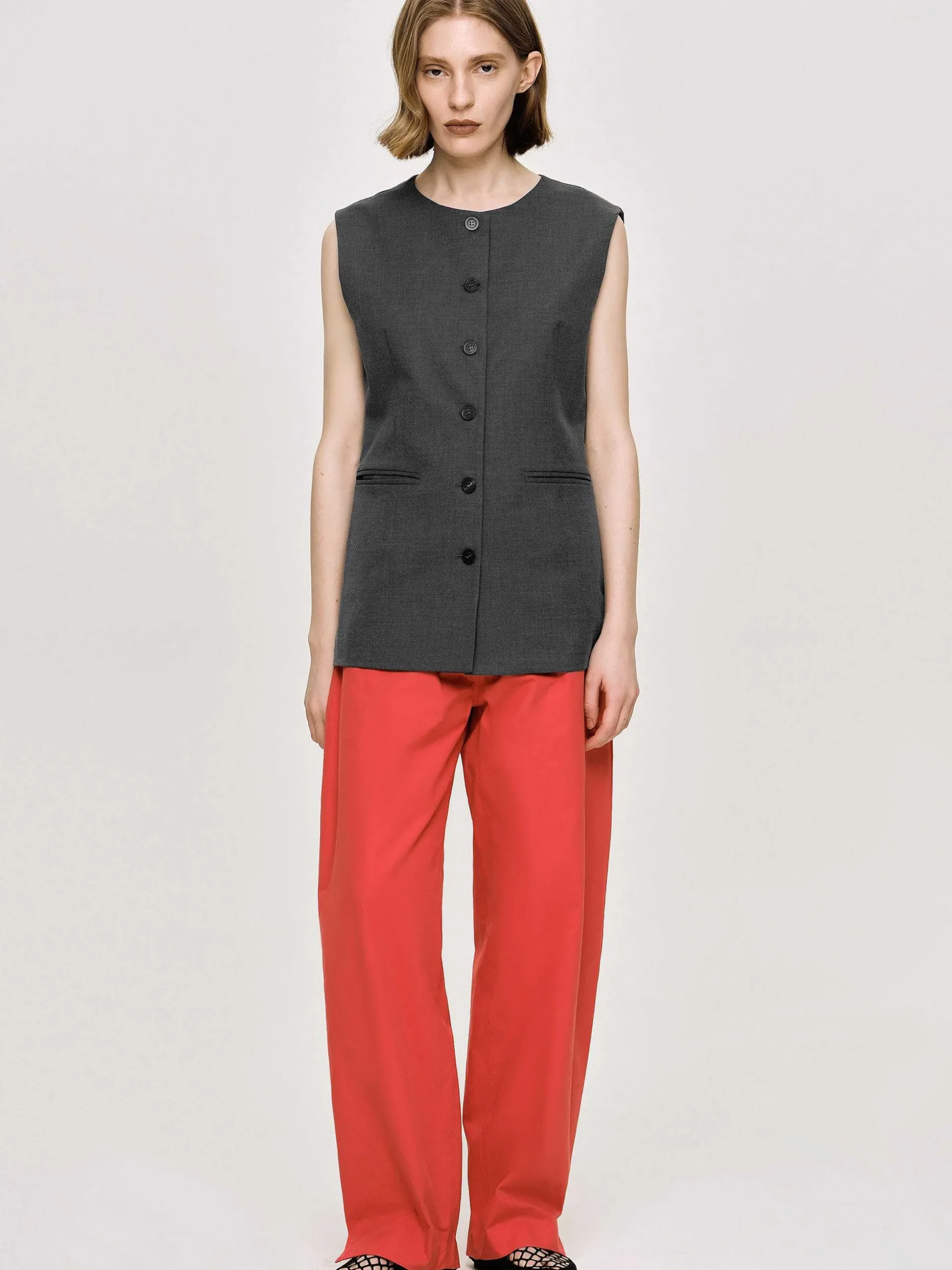 Women Source Unknown Clothing-Long Button Vest, Charcoal Melange