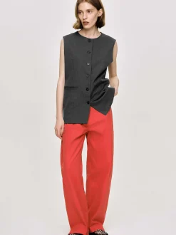 Women Source Unknown Clothing-Long Button Vest, Charcoal Melange