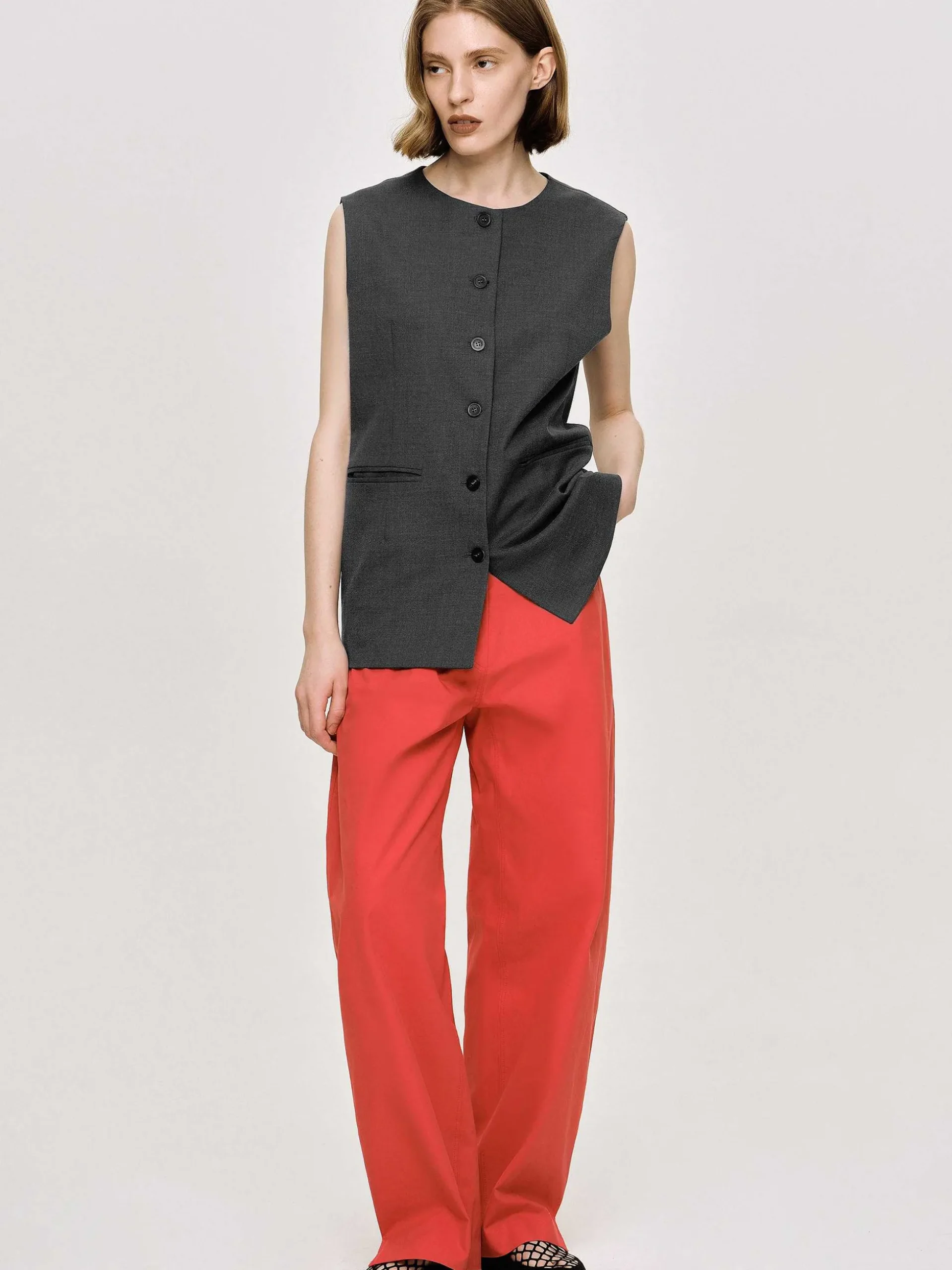 Women Source Unknown Clothing-Long Button Vest, Charcoal Melange