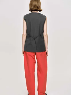 Women Source Unknown Clothing-Long Button Vest, Charcoal Melange