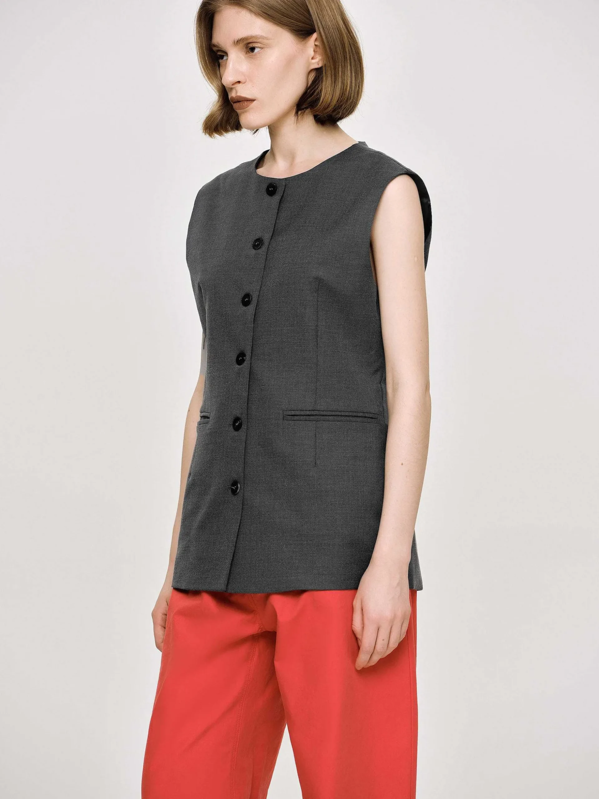 Women Source Unknown Clothing-Long Button Vest, Charcoal Melange