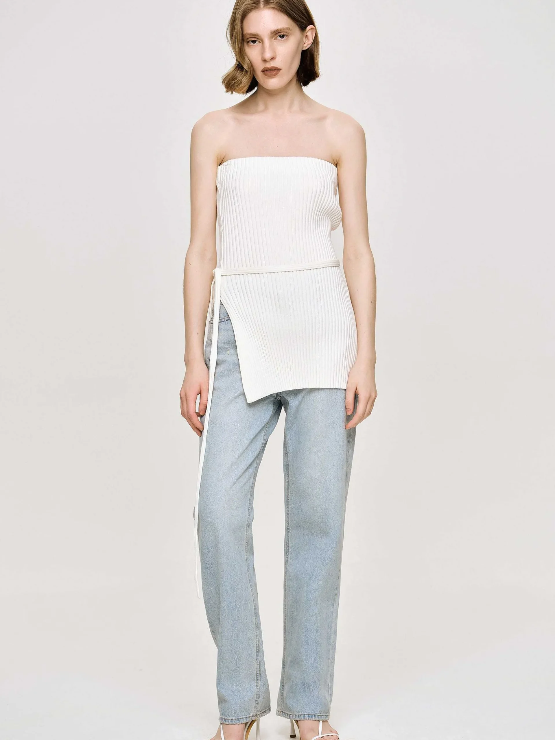 Women Source Unknown Clothing-Long Split Rib Knit, White