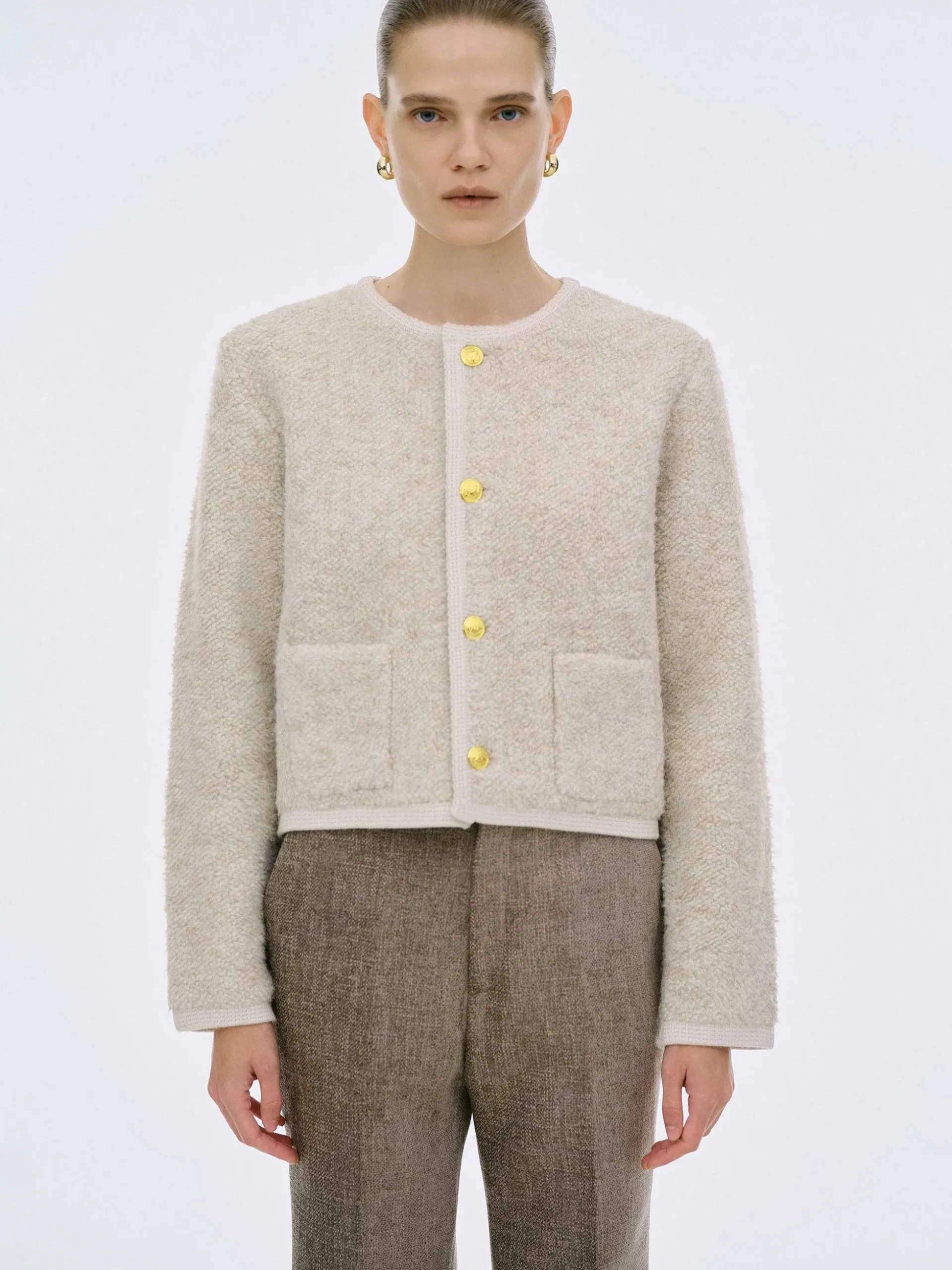 Women Source Unknown Knitwear-Mogador Shearing Wool Cardigan, Beige Melange